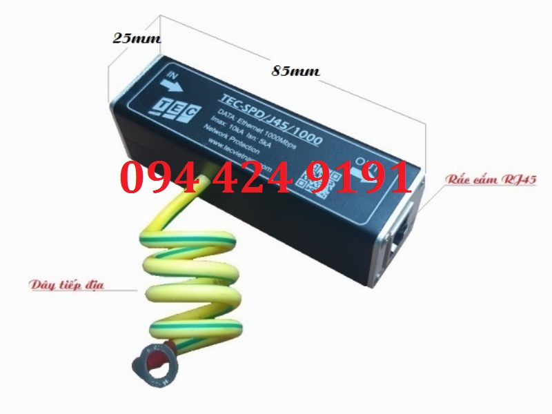 Kích thước cắt lọc sét mạng LAN TEC-SPD/RJ45/1000